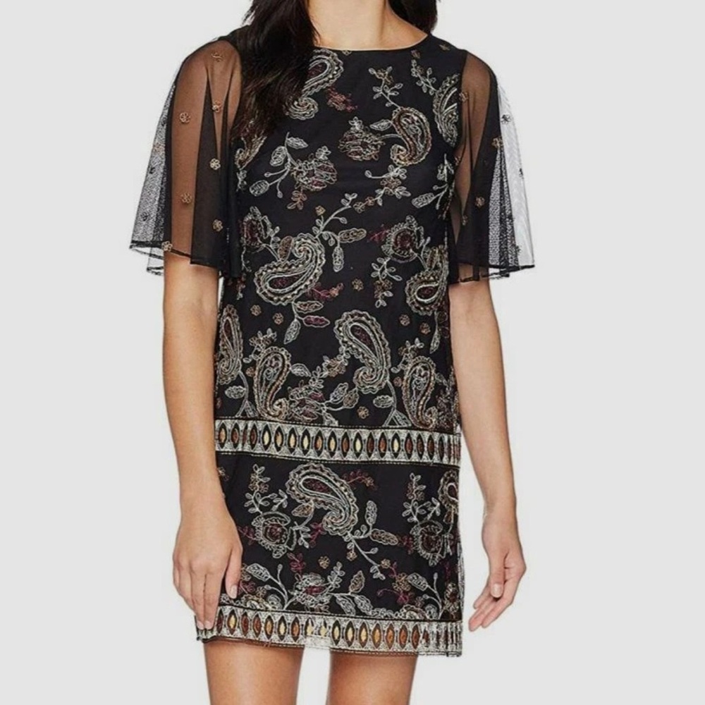 Adrianna Papell black Paisley embroidered sheer sheath dress Sz 16